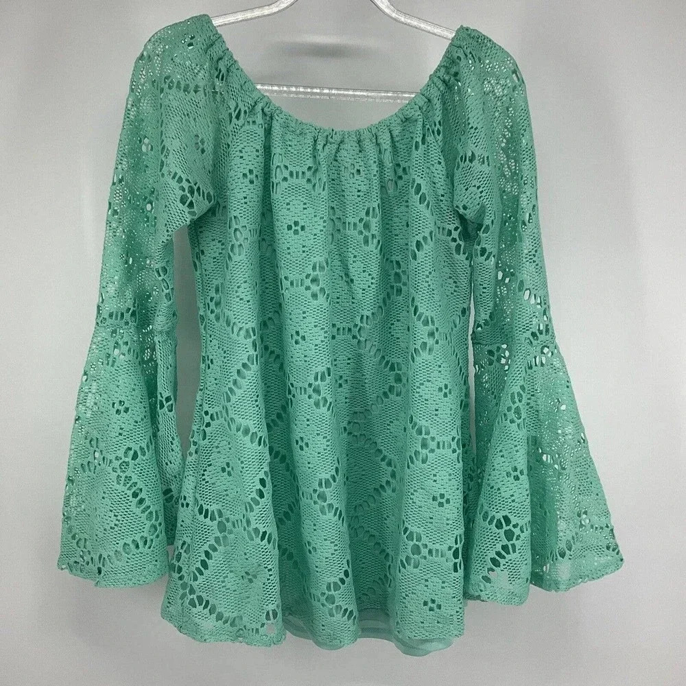 Missy Robertson Southern Fashion House Size Large Teal Bell Sleeve Open‎ Knit